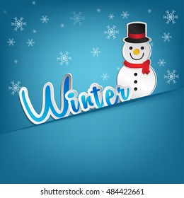 Winter season with in paper style, and Snow man on Blue background, vector illustration.