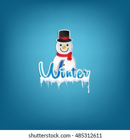 Winter season with in paper style, Snow man and ice cubes on blue background, vector illustration.