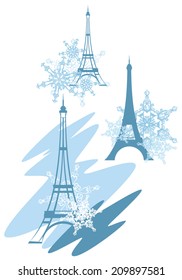 Winter season in Paris - eiffel tower among snowflakes christmas theme vector design set