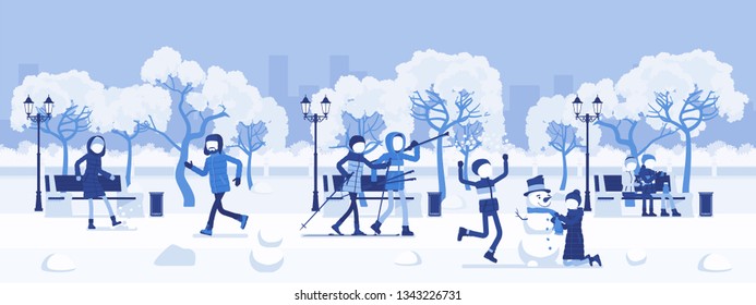 Winter season park zone. Large public garden in snow, land area, fun, recreation, citizens enjoy open air activities, walk, ski, make snowman, play snowballs. Vector illustration, faceless characters