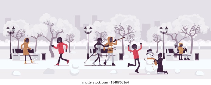 Winter season park zone. Large public garden in snow, land area, fun, recreation, citizens enjoy open air activities, walk, ski, make snowman, play snowballs. Vector illustration, faceless characters