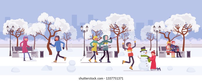 Winter season park zone with people. Large public garden in snow, land area for fun, recreation, happy citizens enjoy open air activities, walk, ski, make snowman, play snowballs. Vector illustration