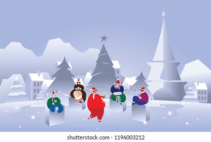 Winter season with people celebration with IT and technology, paper art and craft style