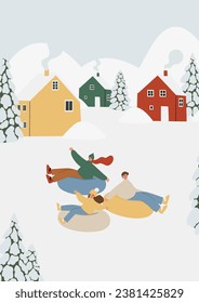Winter season poster with people skiing, snowboarding, ice skating, sledding, winter activities printable card, mountain resort scene wall art print, Flat style vector illustration clipart.