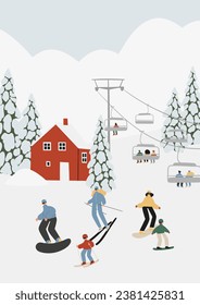 Afiche de la temporada invernal con personas que esquian, snowboard, patinaje sobre hielo, trineo, actividades de invierno tarjeta imprimible, imagen de la escena de la estación de esquí de montaña, imagen plana de vector clipart.