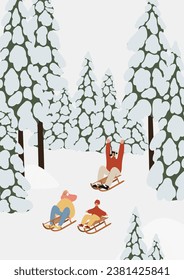 Winter season poster with people skiing, snowboarding, ice skating, sledding, winter activities printable card, mountain resort scene wall art print, Flat style vector illustration clipart.