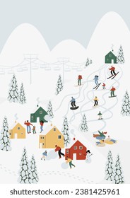 Winter season poster with people skiing, snowboarding, ice skating, sledding, winter activities printable card, mountain resort scene wall art print, Flat style vector illustration clipart.