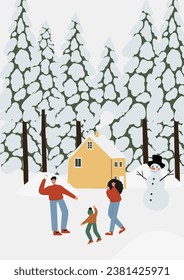 Winter season poster with people skiing, snowboarding, ice skating, sledding, winter activities printable card, mountain resort scene wall art print, Flat style vector illustration clipart.