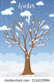 Winter season poster with snow covered tree  illustration