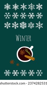 Winter Season poster, wallpaper with snowflakes and warm wine