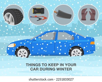 Winter season safe car driving tips and rules. Checklist for drivers. Things to keep in your car during winter. Flat vector illustration template.