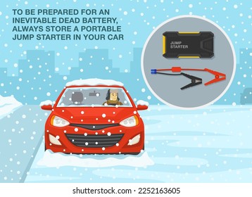 Winter season safe car driving tips and rules. To be prepared for an inevitable dead battery, store a portable jump starter. Front view of a car on snowy road. Flat vector illustration template.