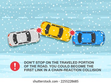 Winter season safe car driving tips and rules. Don't stop on the traveled portion of the road, you can could become a chain-reaction collision. Top view of snowy road. Flat vector illustration.