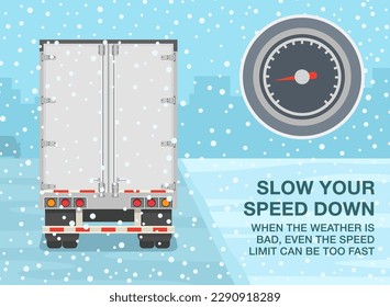 Winter season safe driving tips and rules. Slow down, when the weather is bad even the speed limit can be too fast. Back view of semi trailer on snowy road. Flat vector illustration template.