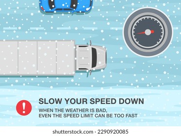 Wintersaison sichere Fahrtipps und Regeln. Draufsicht von Sattelanhänger auf schneebedeckter Straße. Langsam, wenn das Wetter schlecht ist, kann auch die Geschwindigkeitsbegrenzung zu schnell sein. Flache Vektorgrafik-Vorlage.