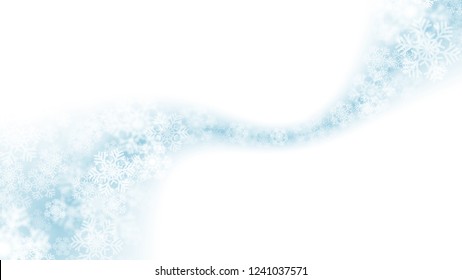 Winter Season Sale Abstract Vector Swirling Snow Flakes on Light Blue Clear Background. Merry Christmas and Happy New Year Holidays Illustration. 3D Frozen Shimmer Ice and Snowflakes