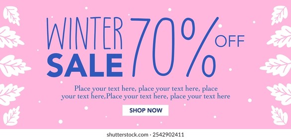 Venta de la temporada de invierno con oferta especial, ofreciendo descuento con nieve. Felices Navidades y Feliz Año Nuevo. Azul, rosa Plantilla de fondo para publicidad, Web, redes sociales, póster, Anuncio, cubierta