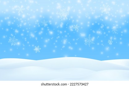 Winter season scene. Merry Christmas snow background. Vector 3d illustration glowing snowflakes falling. Winter landscape, blue sky, snowstorm. Empty space for product design.