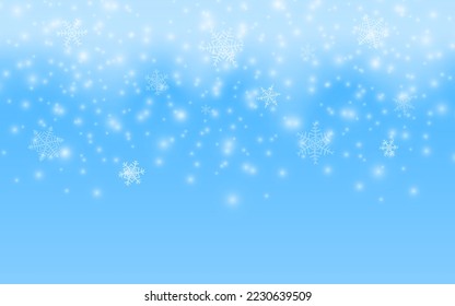 Winter season scene. Merry Christmas snow background. Vector 3d illustration glowing snowflakes falling. Winter landscape, blue sky, snowstorm. Empty space for product design.