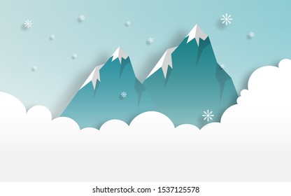 Winter season scenery  landscape with snowy mountains and cloud,  in paper cut craft style design, vector illustration 
