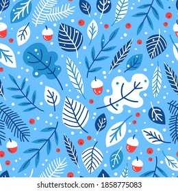 Winter season seamless pattern background with various tree leaves, acorns and berries. 