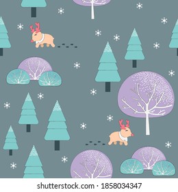 Winter season seamless pattern, Colorful winter trees and reindeer on a grey background	