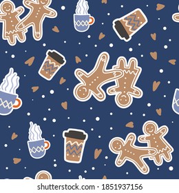Winter season seamless pattern for fabric, textile, wrapping paper. Cute gingerbread, cocoa and tee. Vector illustration.