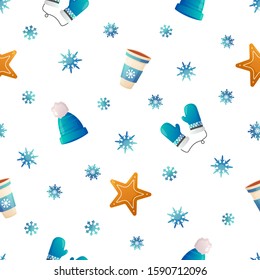 Winter season seamless pattern. Gingerbread cookies, hat and mittens vector background design.