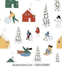 Temporada de invierno sin fisuras, gente esquiando, snowboard, patinaje sobre hielo, hacer papel digital de ángel de nieve, actividades de invierno papel de libro de recortes, fondo de bosque novato, ilustración de vector clipart.