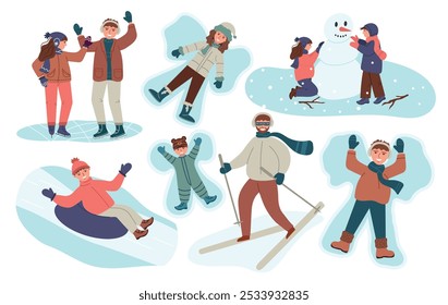 Patrón inconsútil de la estación de invierno, gente que esquía, snowboard, patinaje sobre hielo, haciendo el papel digital del ángel de la nieve, papel del scrapbook de las actividades del invierno, fondo del bosque nevado, Clipart de la Ilustración vectorial.