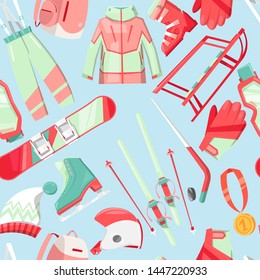 Winter season seamless pattern vector illustration. Equipment for winter sport such as sledge, snowboard, skates, skis and hockey stick. Pieces of clothing for cold weather hat, jacket.