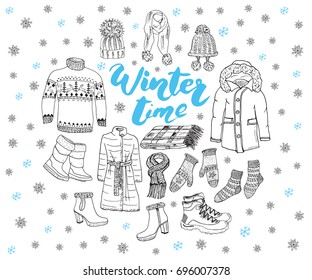 Winter season set doodle elements. Hand drawn sketch collection with boots, clothes, warm blanket, socks, gloves and hats. Lettering winter time. vector illustration