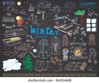 Winter season set doodles elements. Hand drawn set with glass hot wine, boots, clothes, fireplace, mountains, ski and sledge, warm blanket, socks and hats, and lettering words. Drawing set.