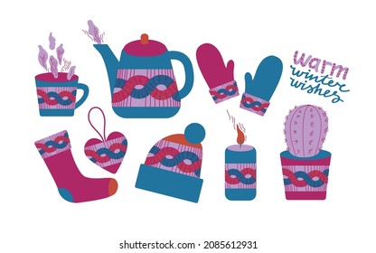 Winter season set elements. Colection with hot tea, teapot and warm clothes