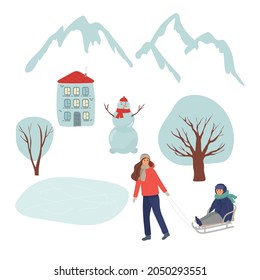 Winter season set vector illustration. People in park.Christmas urban landscape. people family set. mom is carrying son on sled. Flat characters. snowman, landscape. sleigh, mountains, tree, house