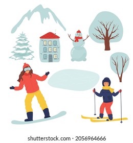 Winter season set vector illustration. People in park. girl ski . the woman on the askateboard. Christmas urban landscape. Flat characters. snowman, landscape. mountains, tree, house