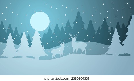 Winter season silhouette landscape vector illustration. Scenery of reindeer silhouette in the snow hill. Cold season panorama for illustration, background or wallpaper