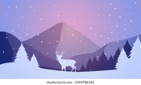 Winter season silhouette landscape vector illustration. Scenery of reindeer silhouette in the snowy pine forest hill. Cold season panorama for illustration, background or wallpaper