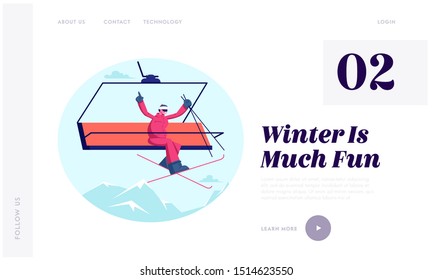 Winter Season Ski Resort Open Website Landing Page. Cheerful Man Skier Rising Up to Hill by Cable Way Waving Hands. Wintertime Sports Fun and Activity Web Page Banner. Cartoon Flat Vector Illustration