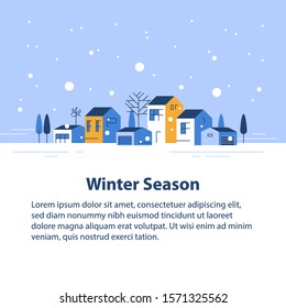 Winter season in small town, tiny village view, snowy sky, row of residential houses, beautiful neighborhood, real estate development, vector flat design illustration