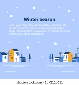 Winter season in small town, tiny village view, snowy sky, row of residential houses, beautiful neighborhood, real estate development, vector flat design illustration