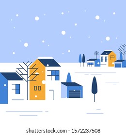 Winter season in small town, tiny village view, snowy sky, group of residential houses, beautiful neighborhood, real estate development, vector flat design illustration