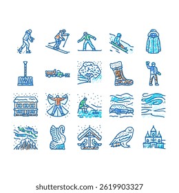 winter season snow cold holiday doodle icons set vector. decoration snowflake, nature celebration, december weather, white blue, ice winter season snow cold holiday sketch hand drawn