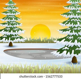 Winter season with snow covered trees at sunrise or sunset scene