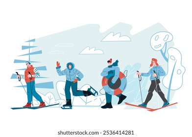 Temporada de invierno con deportes de nieve y actividades al aire libre. Las Personas disfrutan de actividades invernales como el esquí, el patinaje, el tubing, la Ilustración vectorial aislada sobre fondo blanco.