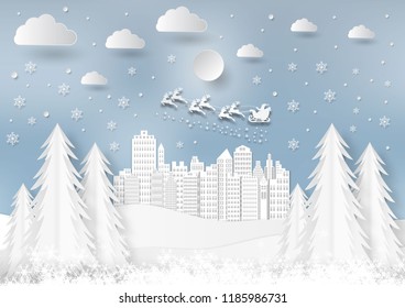 Winter season with snowflake and santa in town. Vector illustration of Merry Christmas