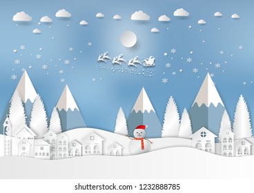 Winter season with snowflake and santa in town. Vector illustration of Merry Christmas
