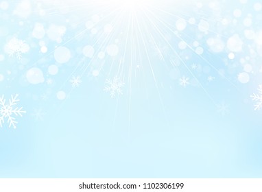 Winter season, snowflakes with light rays and stars scatter sparkle on blue sky magical concept abstract background vector illustration