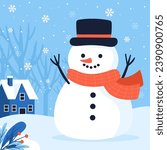 Winter Season With Snowman Isolated On White Background. Vector Illustration In Flat Style.