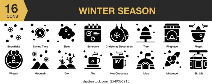 Winter Season sólido ícone set. Inclui floco de neve, economia de tempo, sleet, cronograma, seco, chá, iglu e muito mais. Coleção vetorial de ícones sólidos.